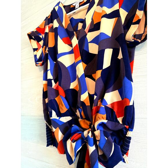 Nine West Short Sleeve Faux Wrap Tie Waist Multicolor Geo Blouse-Size S - Picture 1 of 5